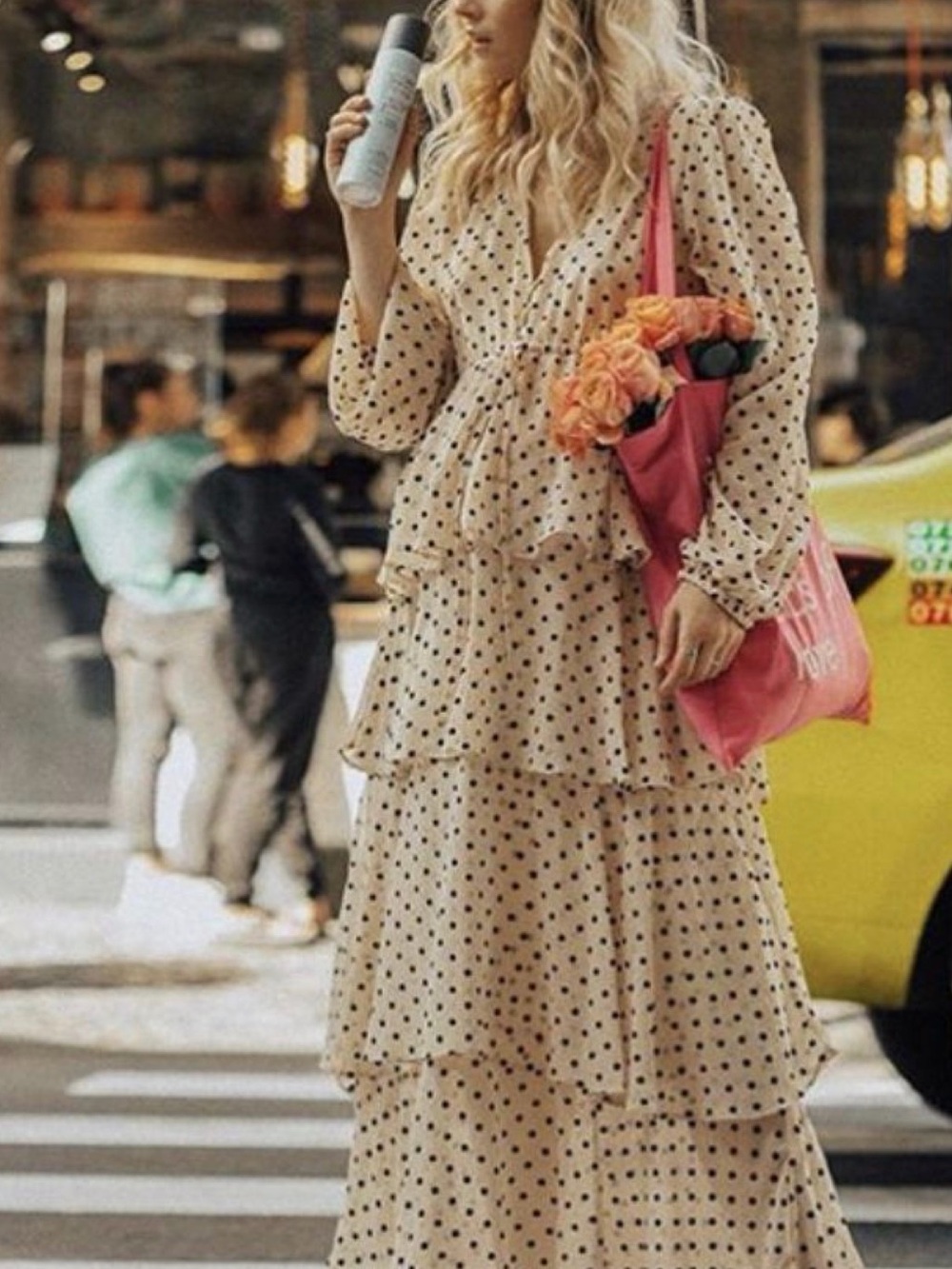 Zara | 3-Tiered Ruffle Maxi Dress With Cinch Waist Cream with Black Polka Dots
